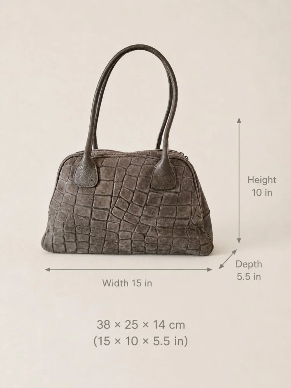 Taupe Italian Leather & Croc-Embossed Suede Shoulder Bag – Large Dome Handbag